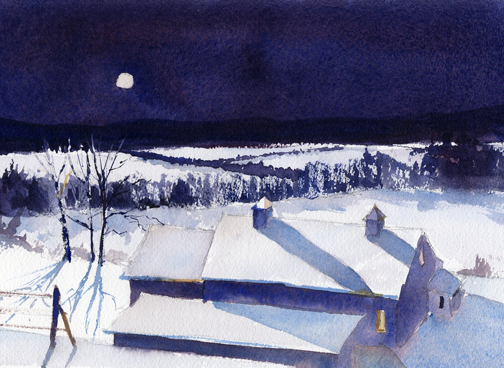 Dramatic winter night scene in watercolor