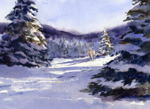 Winter Snow Landscape With Fir Trees - Watercolor Painting Lesson