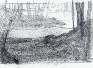 value composition sketch for a quiet winter stream landscape painiting