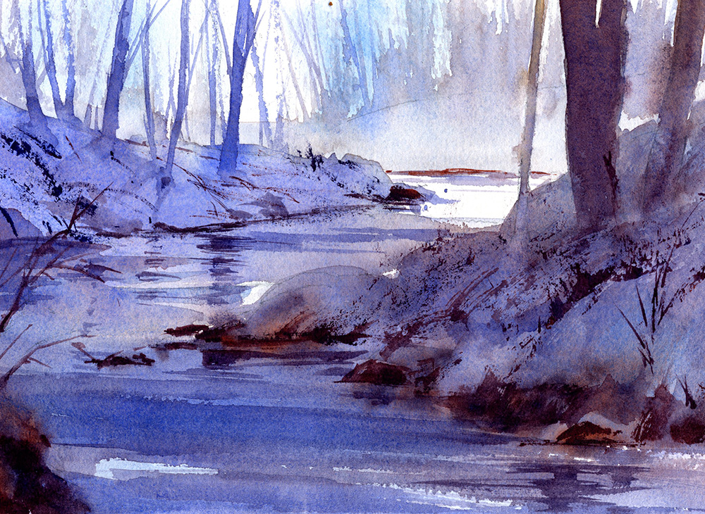 Quiet winter stream watercolor painting lesson
