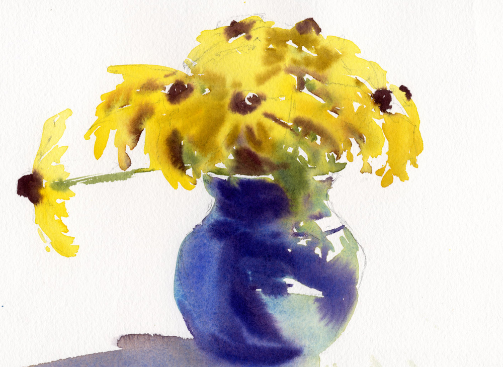 black eyed susans in a blue vase watercolor painting lesson