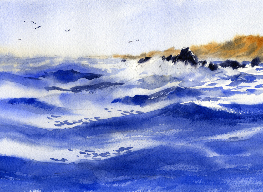 How to paint open ocean waves in watercolor - online video lesson