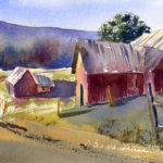 rural scene with barn watercolor painting
