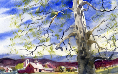Sycamore Tree and Spring Landscape In Watercolor