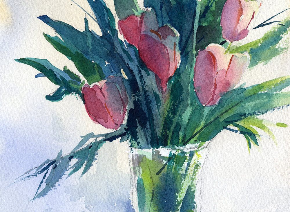pink tulips in glass vase watercolor painting lesson