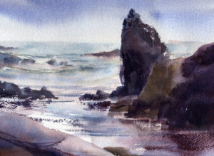 rocky shoreline watercolor seascape painting
