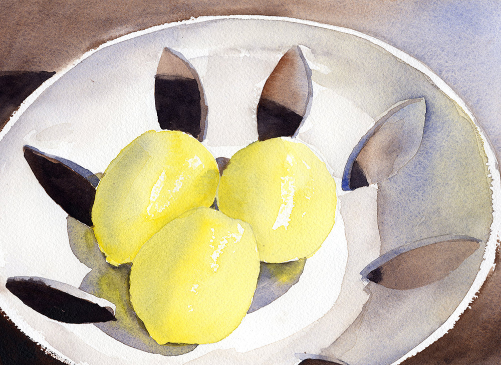 Lemons in a decorated bowl. Image from a watercolor painting lesson