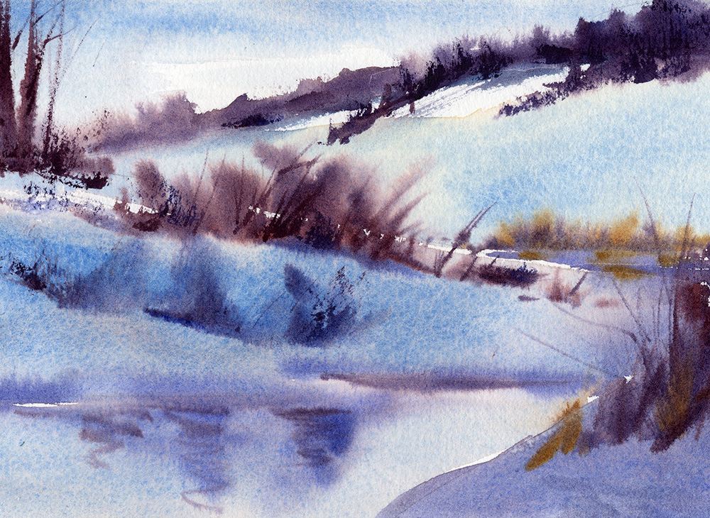 watercolor painting landscape winter