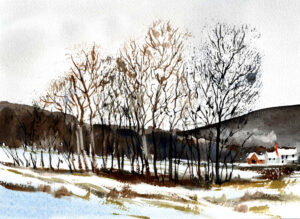 painting winter trees in a winter landscape in watercolor