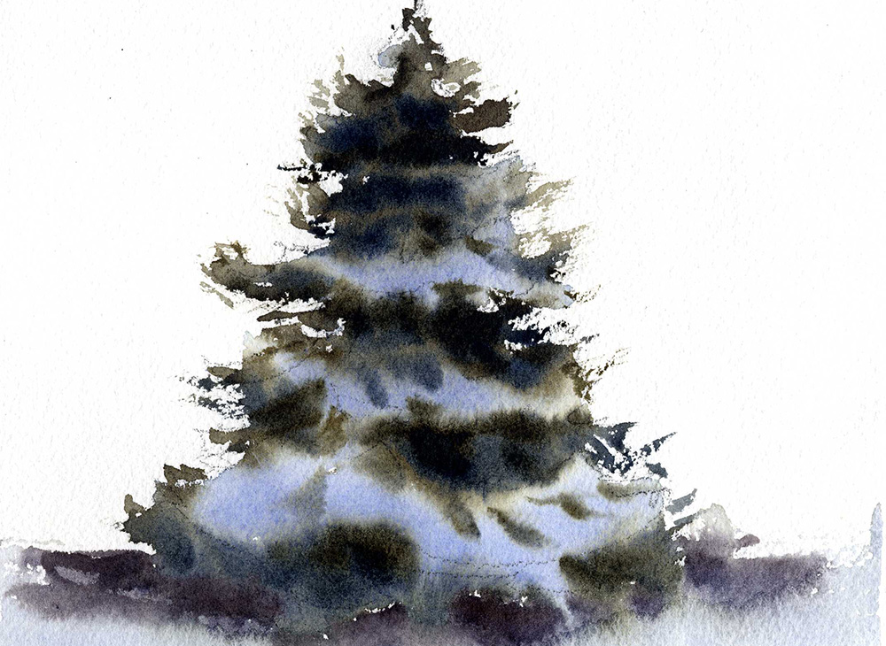 Fir Tree in Snow, Watercolor Painting from an online line lesson