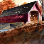 covered bridge in morning light watercolor painting lesson finished work