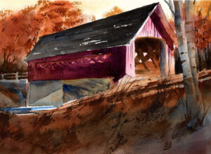 covered bridge in morning light watercolor painting lesson finished work