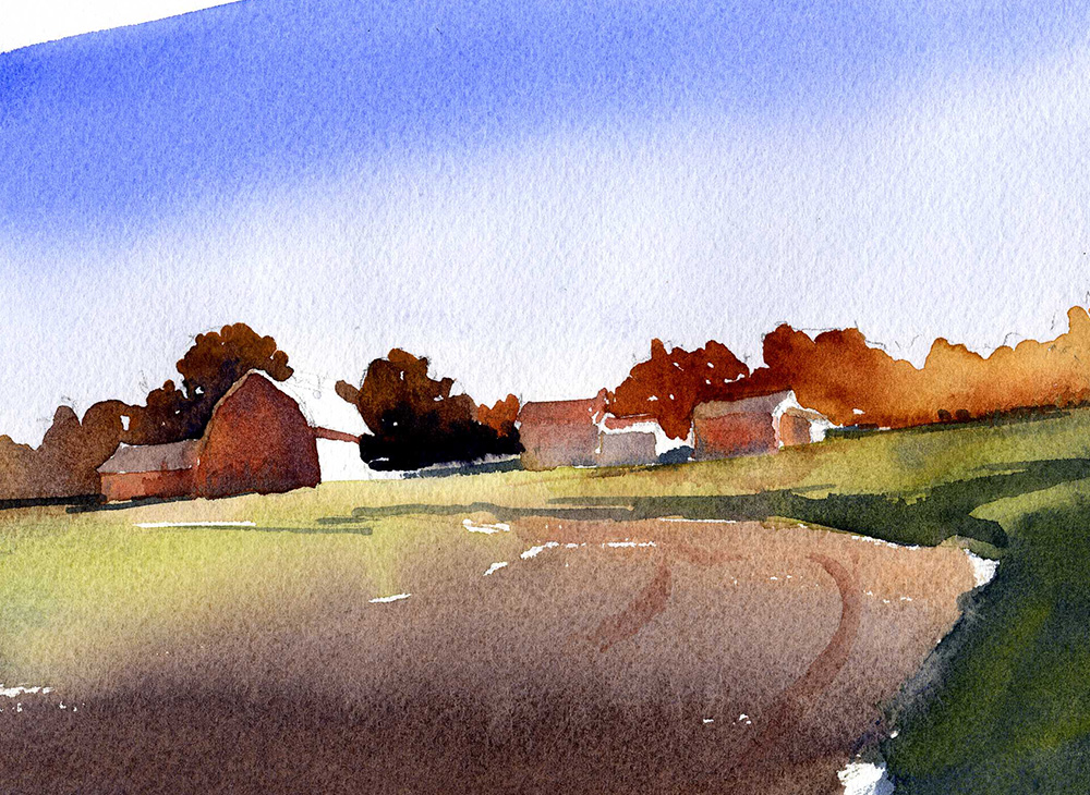watercolor landscape painting of a rural scene using graded washes