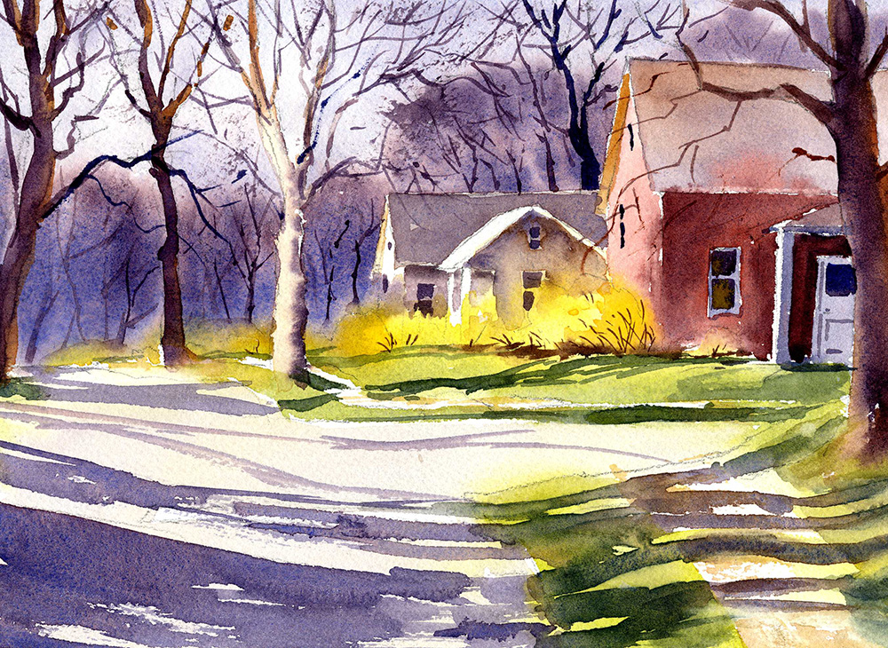 Forsythia in bloom and spring light in watercolor painting lesson