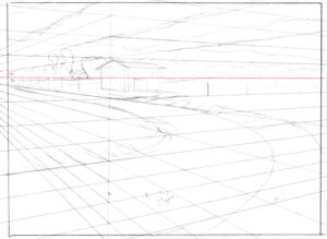 layout of a simple scene in perspective using a two-point perspective grid