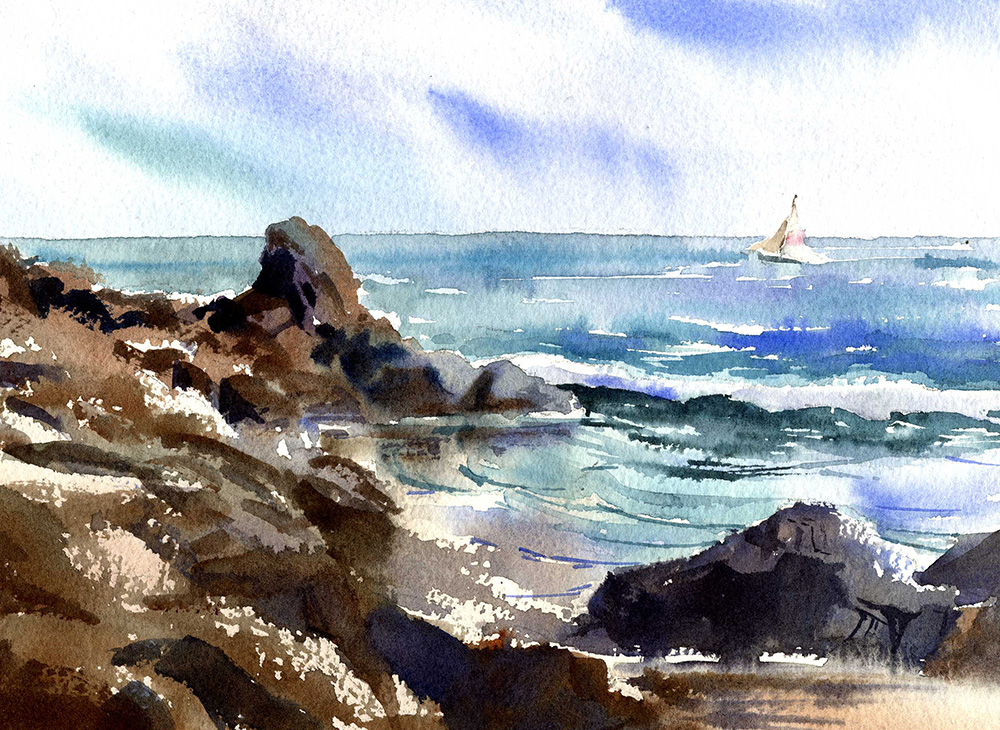 quiet seascape with rocks watercolor painting lesson