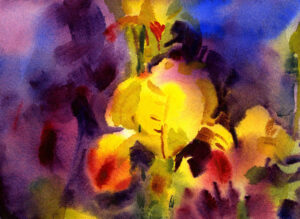 yellow irises painted loose in watercolor