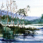 swamp scene on a misty summer day in watercolor painting lesson
