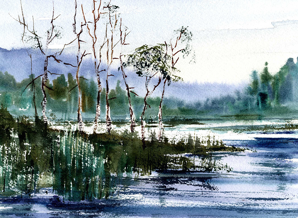 swamp scene on a misty summer day in watercolor painting lesson