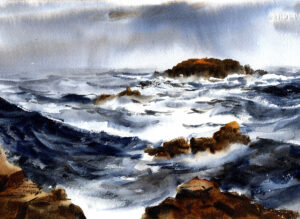 stormy day over the ocean, white water, foam watercolor painting lesson