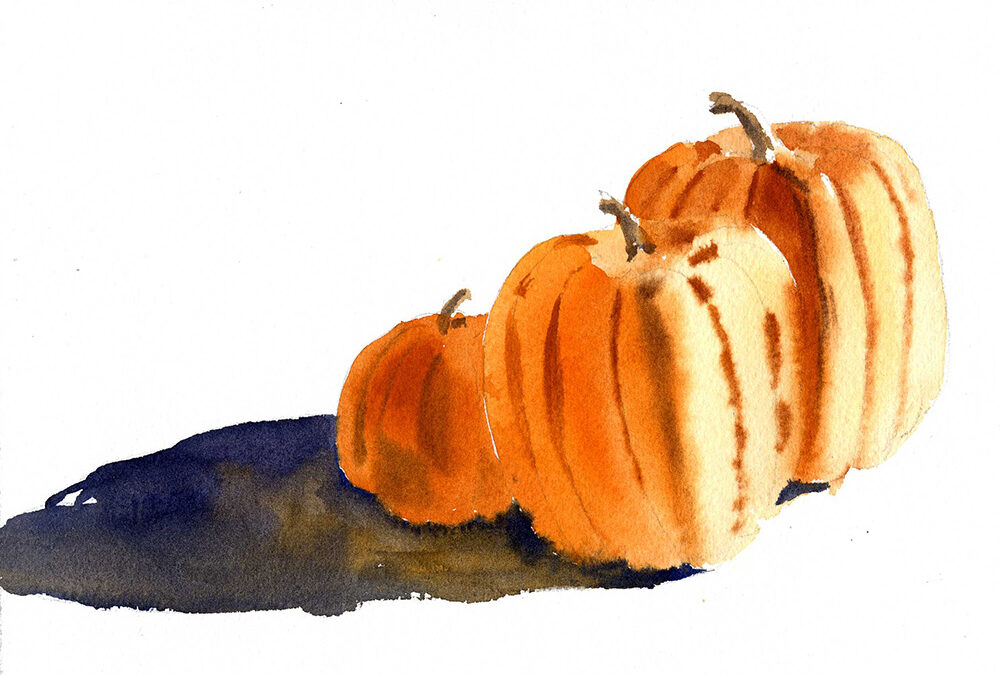 Three Pumpkins In A Quick Watercolor Sketch