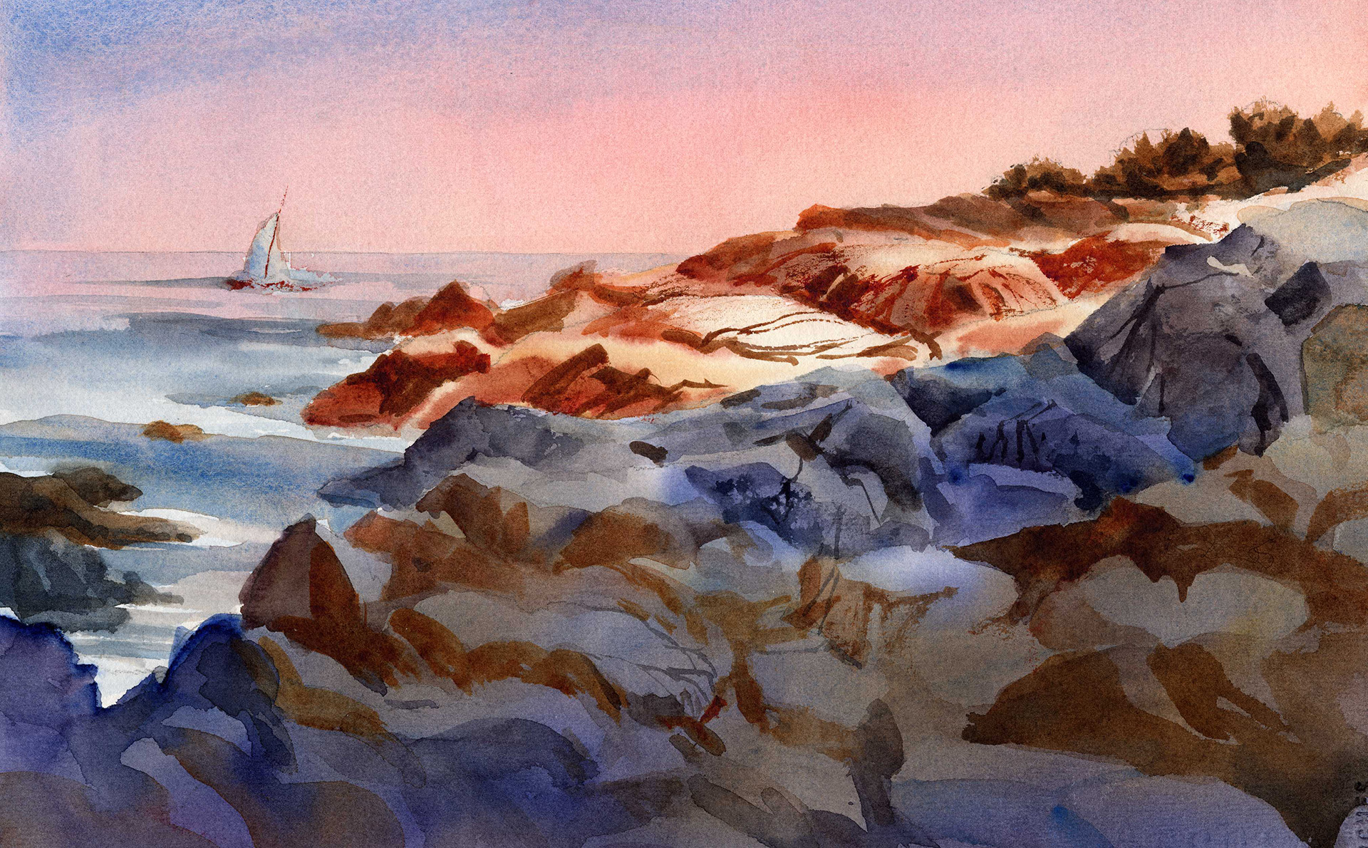 Paint a rocky shoreline in morning light watercolor painting lesson