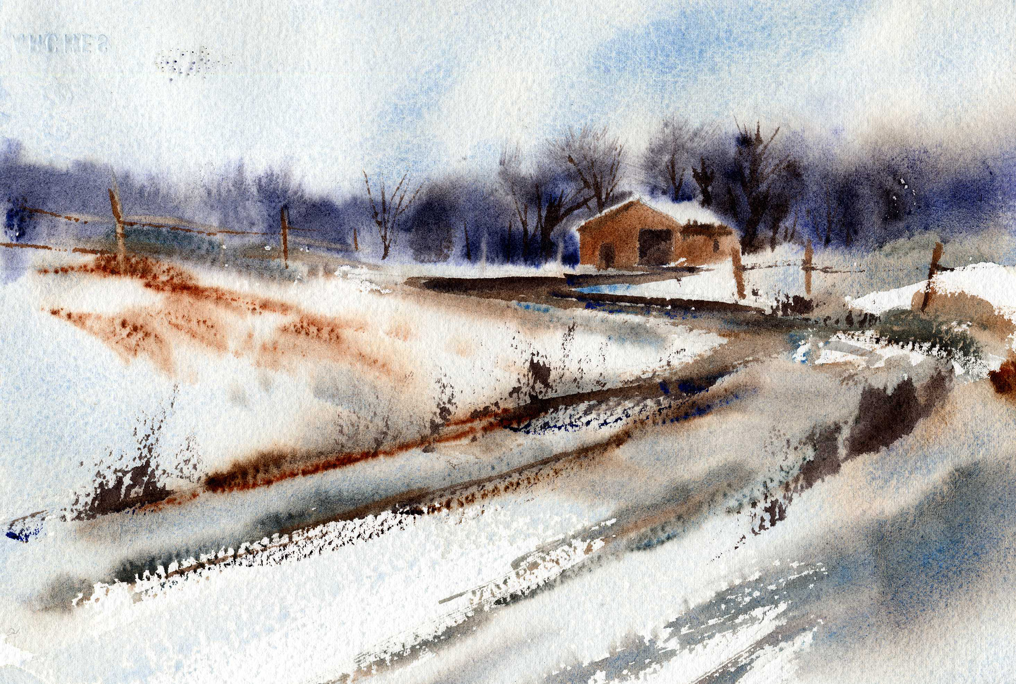 Paint and expressive winter landscape in watercolor