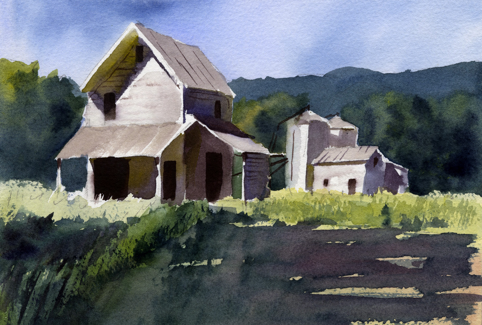An old mill in summer watercolor painting lesson. Learn to use shadows to represent form and support composition.