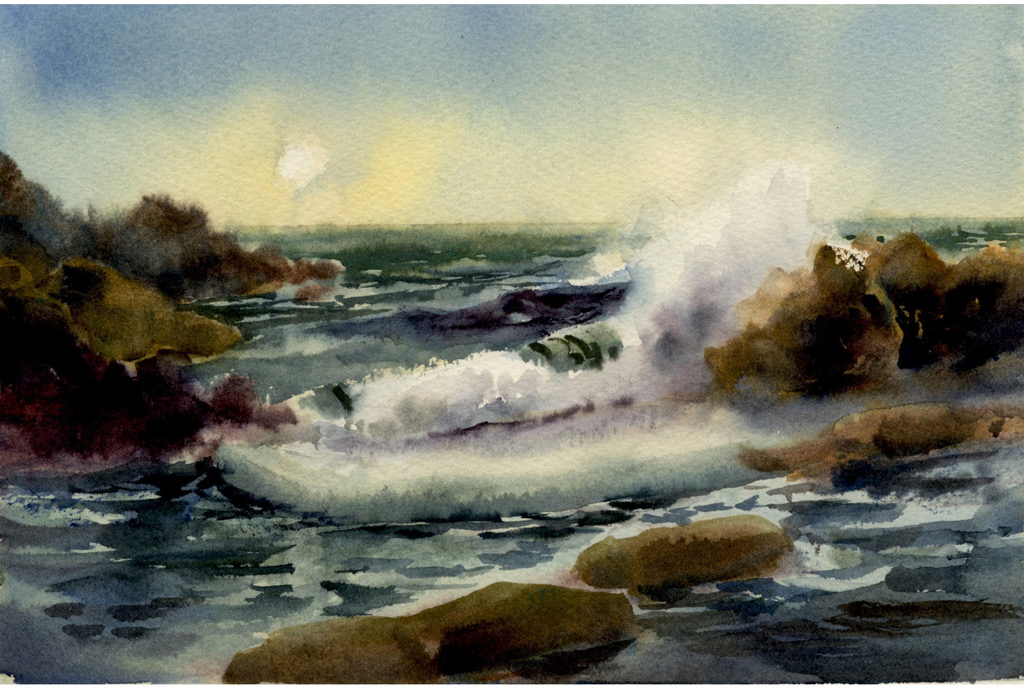 Quiet Evening Seascape Scene and easy watercolor painting lesson