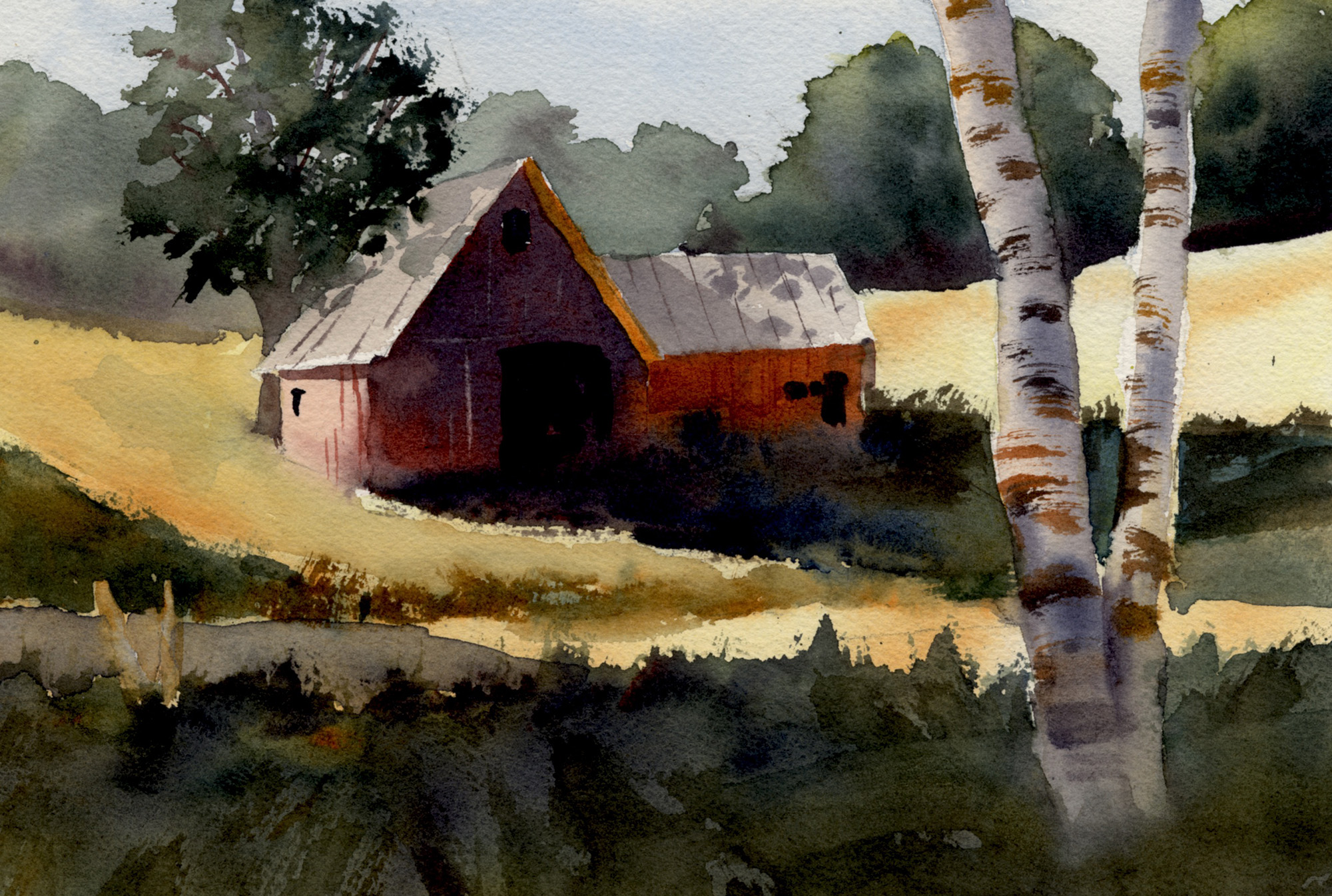 An old mill in summer watercolor painting lesson. Learn to use shadows to represent form and support composition.